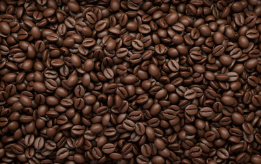 Dark freshly roasted coffee beans 3d rendering background. Top view. Masses of coffee beans close up.