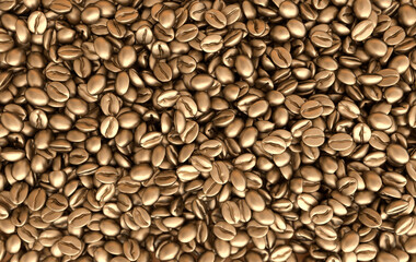 Golden coffee beans 3d rendering background. Masses of coffee beans close up. Top view