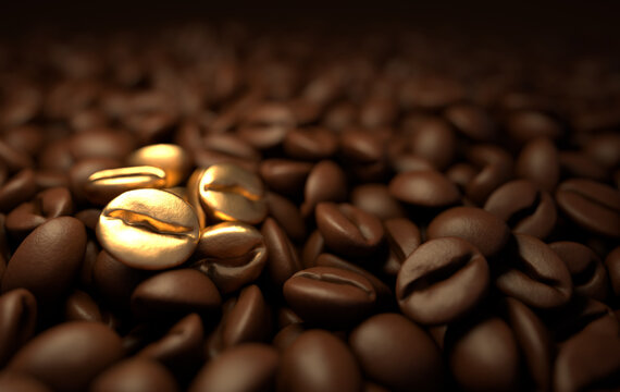 Roasted coffee beans 3d rendering background. Masses of coffee beans close up. Few golden beans