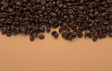 Fresh roasted coffee beans frame 3d rendering background. Masses of coffee beans close up. Top view