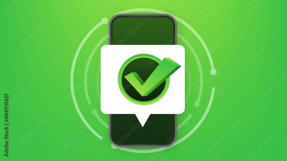 Poster smartphone with checkmark or tick notification in bubble. approved choice. accept or approve checkma
