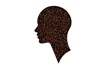 Realistic coffee beans, human head 3d render. Caffeine influence on the brain, activity concept