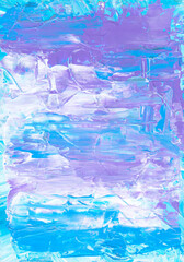 Abstract pastel background. Purple, blue and white textured brush strokes on paper.  Hand drawn oil painting. Contemporary art.