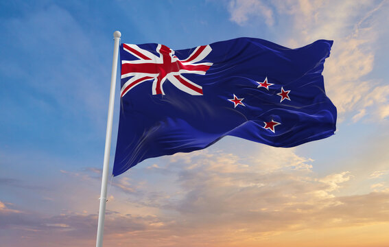 Large New Zealand flag waving in the wind