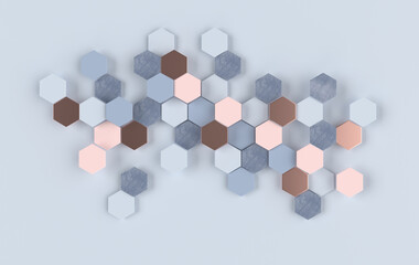 Hexagonal abstract background. Modern cellular honeycomb 3d panel with hexagons. Ceramic, marble, metallic tile. 3d wall texture.  Geometric background for interior wallpaper design