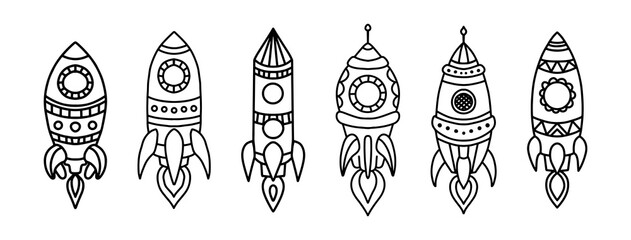 Set of vector coloring pages rocket in doodle style. Cartoon drawing with childrens spaceships on white isolated. Large set of children s coloring book