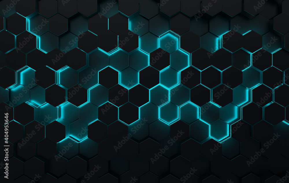 Aufkleber hexagonal abstract background futuristic cellular 3d panel with hexagons and neon light. ceramic or 