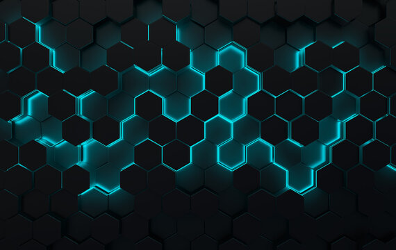 Hexagonal abstract background Futuristic cellular 3d panel with hexagons and neon light. Ceramic or metallic tile. 3d wall texture.  Geometric background for interior wallpaper design