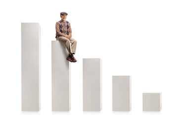 Elderly man sitting on a chart bar graph