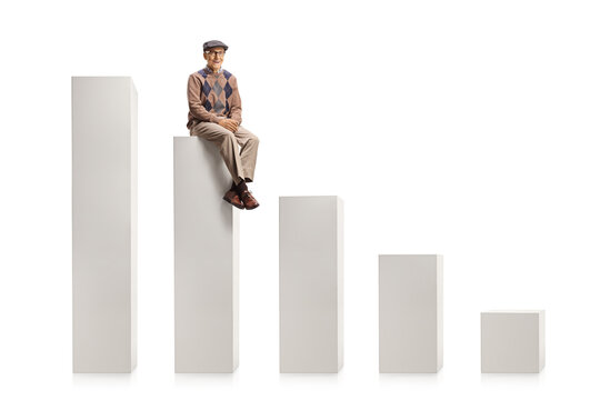 Elderly man sitting on a chart bar graph