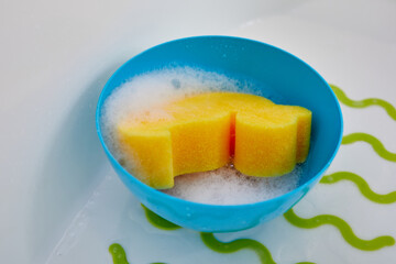 sponge in soap in the bathroom in the beauty salon for dogs. the concept of popularizing haircuts and caring for dogs