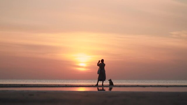 Woman takes photo of evening sunset and dog sits on sea beach outdoors spbi. Young female taking picture and looking at amazing nature landscape, holding smartphone in her hands and cute pet sitting