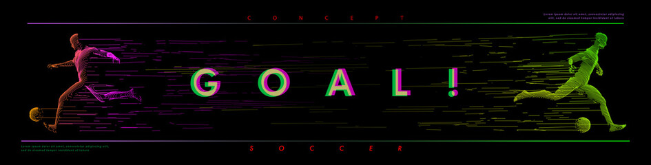 A set of fotball, soccer players drawing by lines with text.