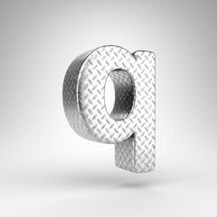 Letter Q lowercase on white background. Aluminium 3D rendered font with checkered plate texture.