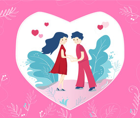 A  greeting card of a girl and a boy on a date - flat illustration with hearts in a pink color.