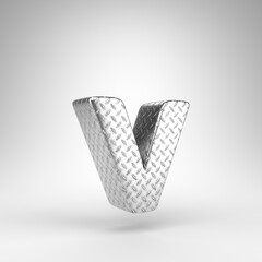 Letter V lowercase on white background. Aluminium 3D rendered font with checkered plate texture.