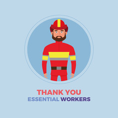 Fireman blue thanks essential workers logo - Vector