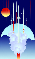
vector image of space rockets launch, symbolizing the journey from Earth to Mars and the beginning of new technologies
