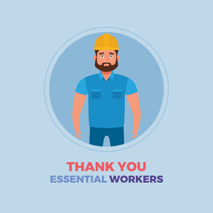 Engineer man blue thanks essential workers logo - Vector