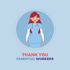 Medical woman blue thanks essential workers logo - Vector