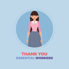 teacher woman blue thanks essential workers logo - Vector