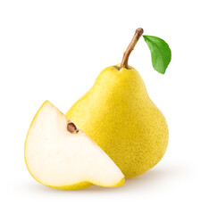 Isolated pears. Whole pear fruit with leaf and a piece isolated on white background with clipping path