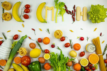 a delicious mix of fruit and vegetable food on a white background