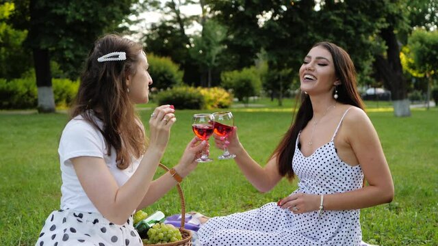 Couple of attractive girls communicate with each other. Lisbians eat strawberries and drink wine. Women have a good time together at a picnic in the summer. LGBT