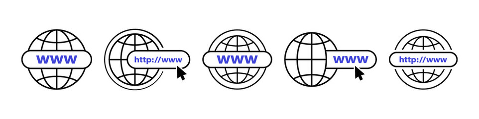 WWW line icon set. Internet browser search bar with globe and mouse arrow click. Web hosting technology. Vector illustration