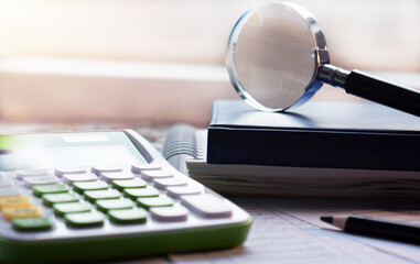 Calculator and pencil. Office equipment at workplace. Conceptual image of desk work, financial paperwork and business economy.