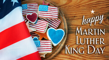 national federal holiday in USA Martin Luther King Day MLK background, homemade cookies icing like...