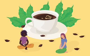 illustration of coffee for two. concept of meeting for a cup of coffee. a large cup of coffee on a saucer, around leaves and grains of coffee, two little people are sitting and drinking coffee. vector