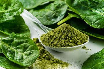 dry spinach powder on white background. Green Powder. Could be any Green Super Food. - 404963641