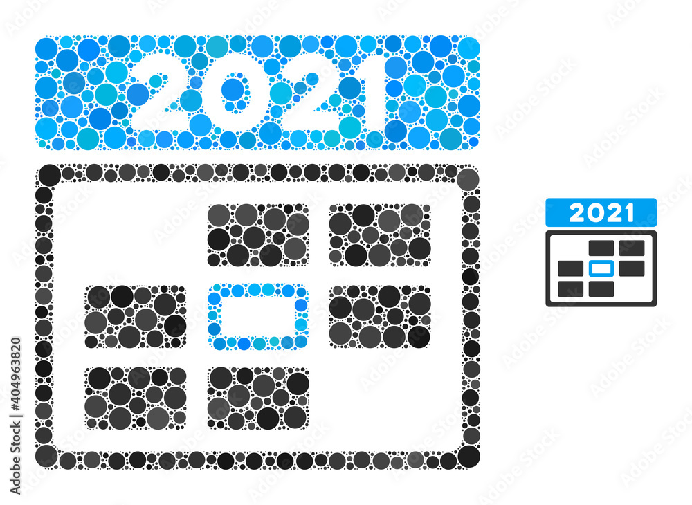 Poster 2021 calendar day collage of filled circles in different sizes and color hues. vector filled circles
