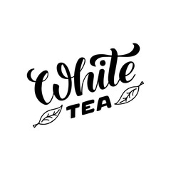 Vector illustration of white tea brush lettering for package, banner, flyer, poster, bistro, café, shop signage, advertisement design. Handwritten text for template, sign, billboard, print 
