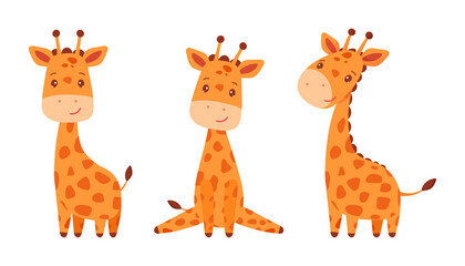 Collection of baby giraffes. Animals of Africa. Wildlife. Vector illustration of cute happy giraffe in cartoon style isolated on white background.