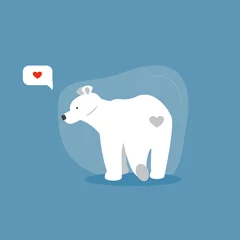 Foto op Canvas Cute adult polar bear character and heart in message bubble on blue background. Concept for Valentine day, kids nursery room, baby shower card. Vector illustration isolated, poster or banner. © millering