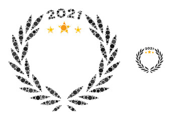 2021 laurel wreath composition of round dots in different sizes and shades. Vector round dots are combined into 2021 laurel wreath illustration. 2021 laurel wreath isolated on a white background.