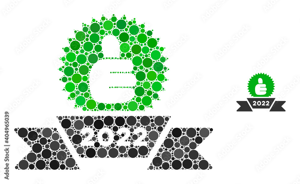 Poster 2022 award ribbon mosaic of filled circles in various sizes and color tones. vector filled circles a