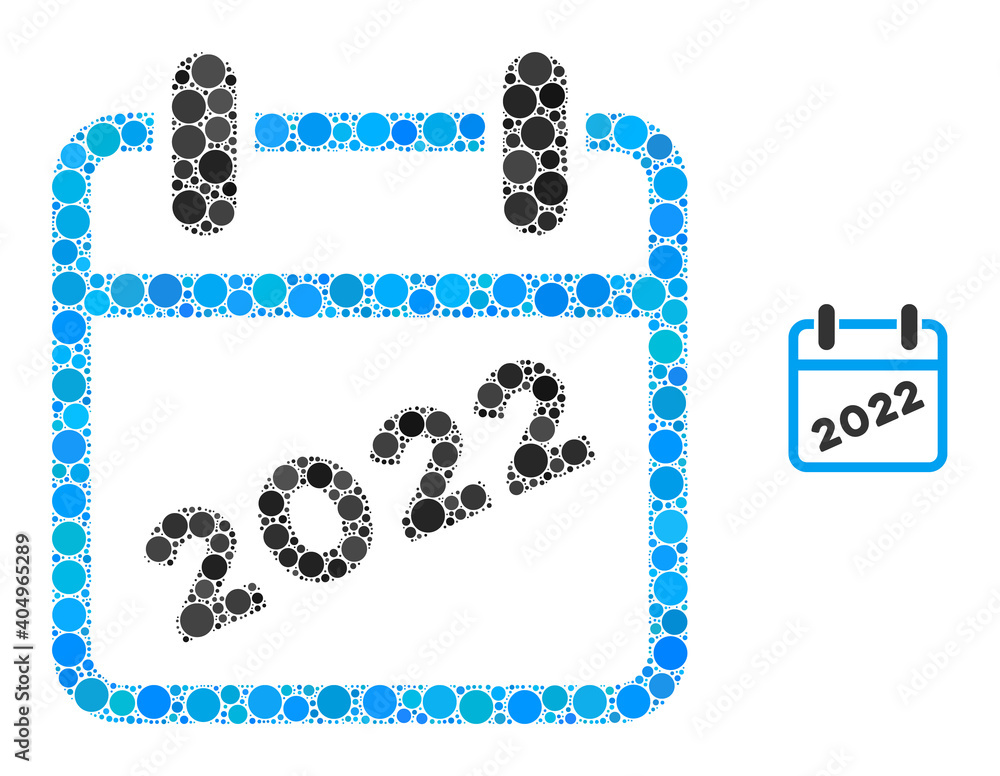 Poster 2022 calendar collage of filled circles in various sizes and color tones. vector filled circles are 