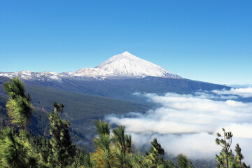 The Teide National Park on the volcanic island of Tenerife in winter with snow on the Teide. Viewpoint  from  