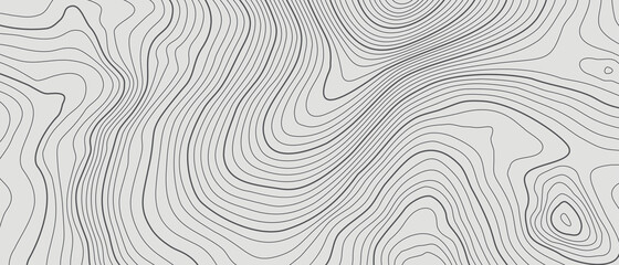 The stylized height of the topographic contour in lines and contours. The concept of a conditional geography scheme and the terrain path. Black on Gray. Ultra wide size. Vector illustration.