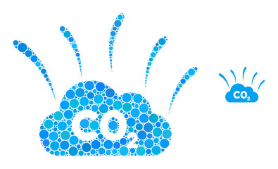 CO2 smoke emission composition of filled circles in different sizes and color tints. Vector filled circles are grouped into CO2 smoke emission collage.