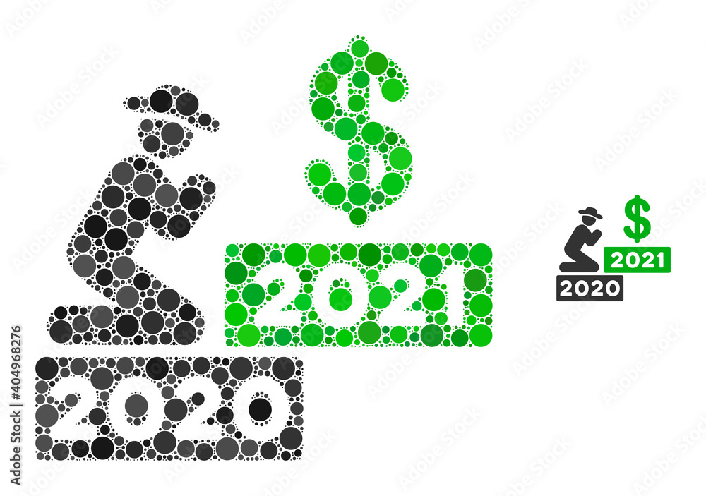 Poster gentleman pray dollar 2021 mosaic of round pixels in different sizes and color tints. vector circle 