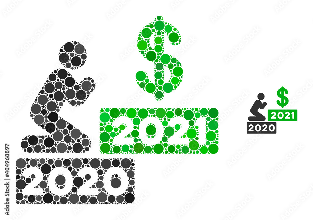 Poster man pray dollar 2021 composition of filled circles in various sizes and color tinges. vector filled 