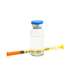 Medical glass bottle with insulin and syringe for injection isolated on white background.