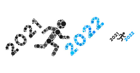 Man run to 2022 mosaic of round dots in variable sizes and color tinges. Vector round dots are composed into man run to 2022 mosaic. Man run to 2022 isolated on a white background.
