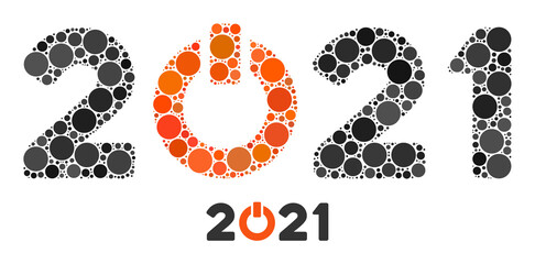 Start 2021 caption collage of round dots in different sizes and color hues. Vector round dots are composed into start 2021 caption mosaic. Start 2021 caption isolated on a white background.