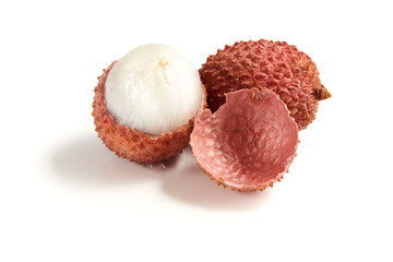 Sweet ripe lychee fruit with fresh pulp isolated on white background. Close up view.