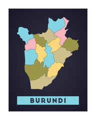 Burundi map. Country poster with regions. Shape of Burundi with country name. Radiant vector illustration.